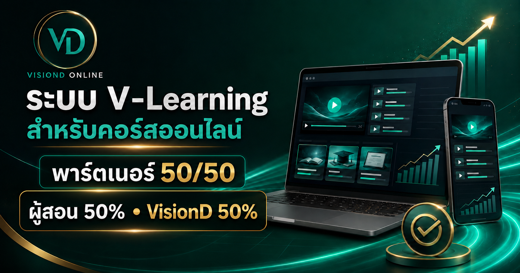 ระบบ V-Learning สำหรับคอร์สออนไลน์ พาร์ตเนอร์ 50/50 ผู้สอน 50% และ VisionD 50%